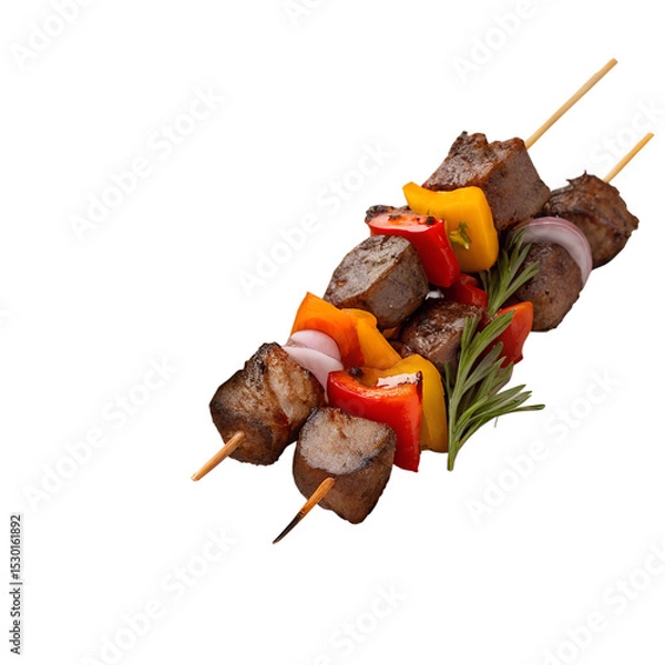 Fototapeta Realistic Grilled Beef Skewers with Fresh Vegetables and Dipping Sauces on Transparent Background – High-Quality Food Image