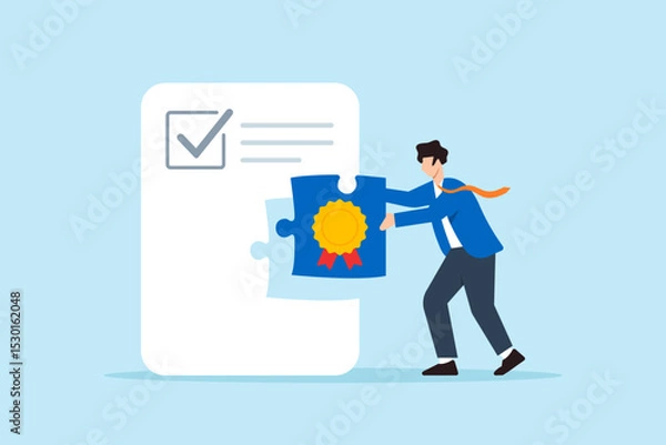 Fototapeta Flat illustration of businessman fitting quality control badge puzzle piece into certification document for approval