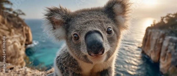 Obraz Playful Koala with Charming Expression Near Ocean