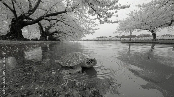 Obraz Sea Turtle Swimming in Tranquil Waters Surrounded by Blossoming Trees