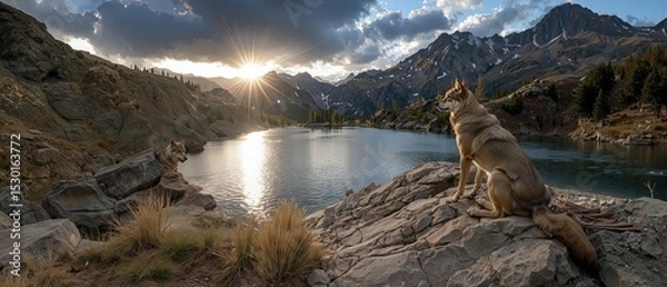 Obraz Lone Dog Watching Sunset Over Mountain Lake
