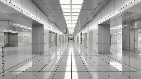 Obraz Futuristic White Hallway with Glass Walls and Bright Lighting