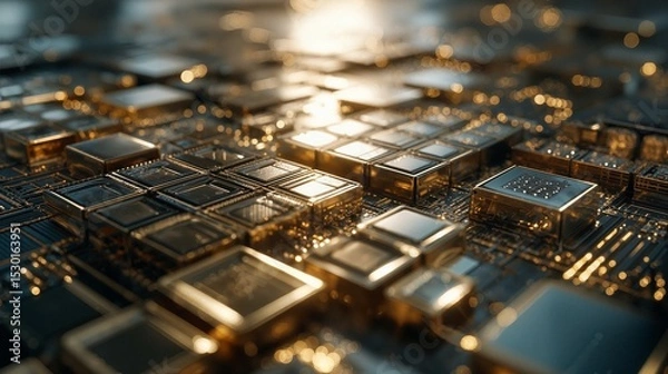 Obraz Macro View of a High-Tech Circuit Board with Golden Components