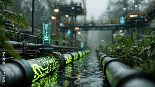Fototapeta Futuristic Pipeline System with Renewable Energy Technology, Bioluminescent Glow, and Holographic Data in a Smart Eco-Industrial Facility.