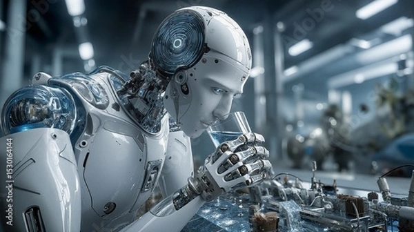 Obraz Futuristic Robot Drinking Water in Advanced Laboratory