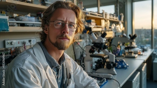 Obraz Focused Male Scientist in Laboratory with Microscopes and Equipment