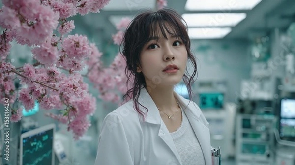 Obraz Young Woman in Laboratory Surrounded by Cherry Blossoms
