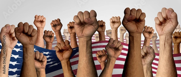 Fototapeta US Protest as American people protesting as upset angry protesters fists up in the air protesting as diverse community members in a social revolution or political protests crisis.