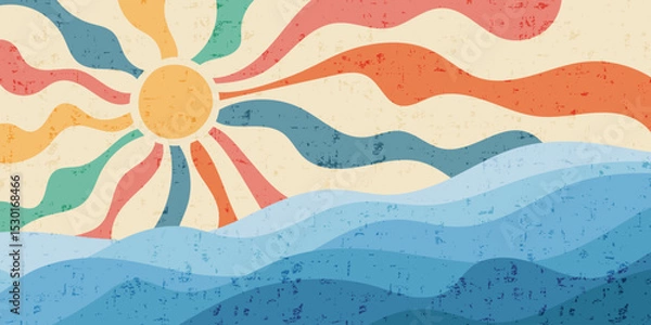Fototapeta Abstract stylization of sea and sun, vintage colors and texture, vector drawing, cartoon illustration