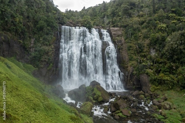 Fototapeta Water cascades down the Marokopa Falls, surrounded by lush green forest in New Zealand. The falls are a popular tourist destination because of their beauty.