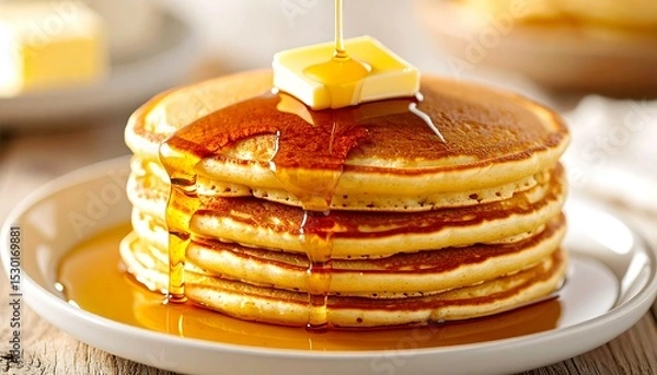 Fototapeta Maple Syrup on Fluffy Pancakes, Melting Butter