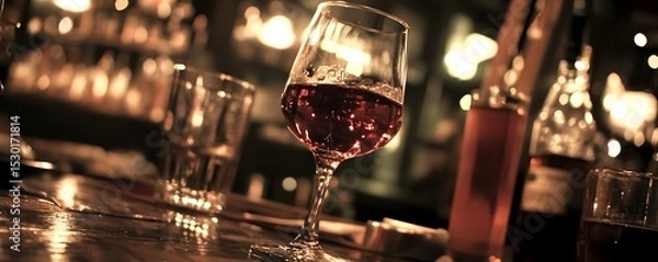 Obraz A glass of red wine on a bar top.