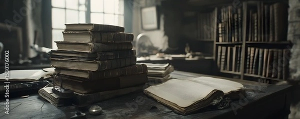 Obraz A collection of old books on a wooden desk in a dimly lit room.