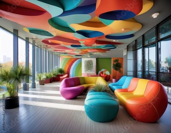 Fototapeta Creative agency reception with bold colors, modular seating, and funky ceiling shapes