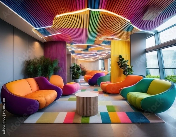Fototapeta Creative agency reception with bold colors, modular seating, and funky ceiling shapes
