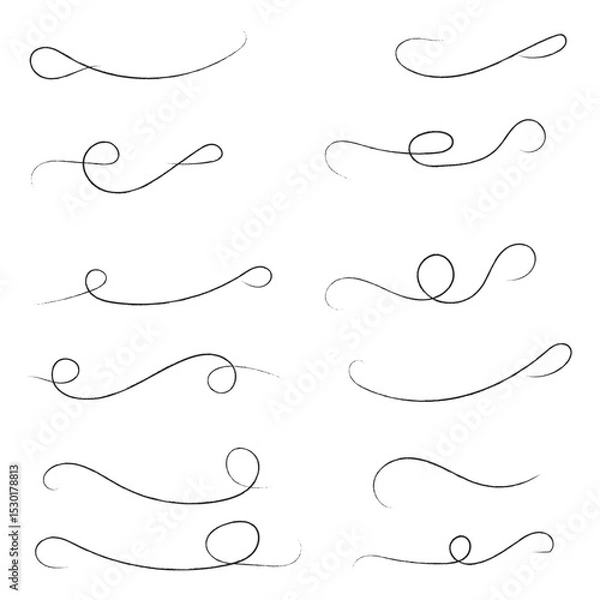 Obraz and drawn collection of curly swishes, swashes and swoops. Brush drawn thick curved smears. Highlight text elements isolated on transparent background. Underline typography tail shapes
