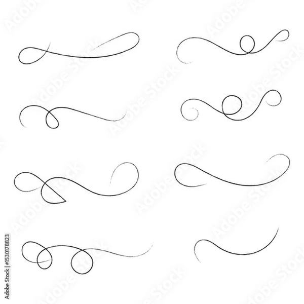 Obraz and drawn collection of curly swishes, swashes and swoops. Brush drawn thick curved smears. Highlight text elements isolated on transparent background. Underline typography tail shapes