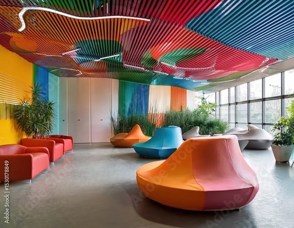 Fototapeta Creative agency reception with bold colors, modular seating, and funky ceiling shapes
