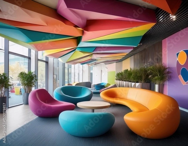 Fototapeta Creative agency reception with bold colors, modular seating, and funky ceiling shapes