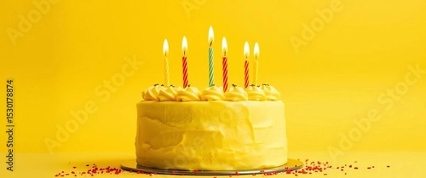 Obraz Festive yellow cake with lit candles on a plain background,  happy, birthday