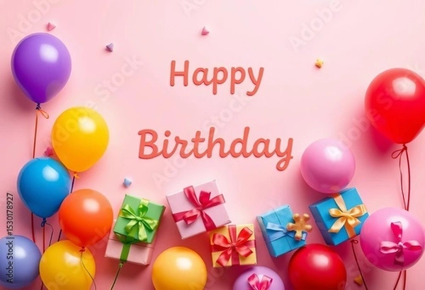 Obraz Flat lay birthday card design with colorful balloons & gift boxes on pastel background,  presents,  studio shot