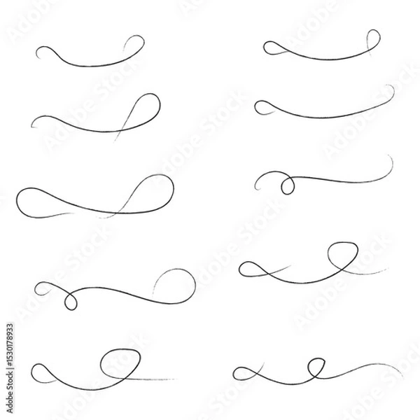 Obraz and drawn collection of curly swishes, swashes and swoops. Brush drawn thick curved smears. Highlight text elements isolated on transparent background. Underline typography tail shapes