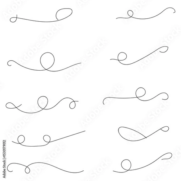 Fototapeta and drawn collection of curly swishes, swashes and swoops. Brush drawn thick curved smears. Highlight text elements isolated on transparent background. Underline typography tail shapes