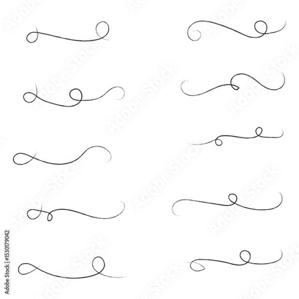 Obraz and drawn collection of curly swishes, swashes and swoops. Brush drawn thick curved smears. Highlight text elements isolated on transparent background. Underline typography tail shapes