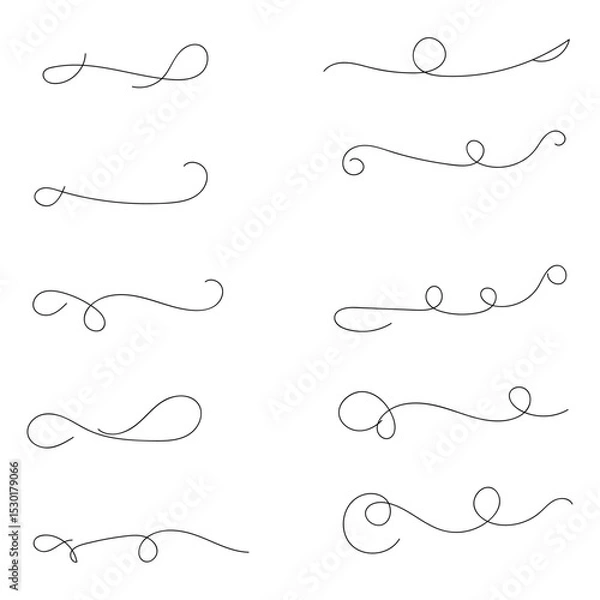 Fototapeta and drawn collection of curly swishes, swashes and swoops. Brush drawn thick curved smears. Highlight text elements isolated on transparent background. Underline typography tail shapes