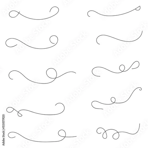 Fototapeta and drawn collection of curly swishes, swashes and swoops. Brush drawn thick curved smears. Highlight text elements isolated on transparent background. Underline typography tail shapes