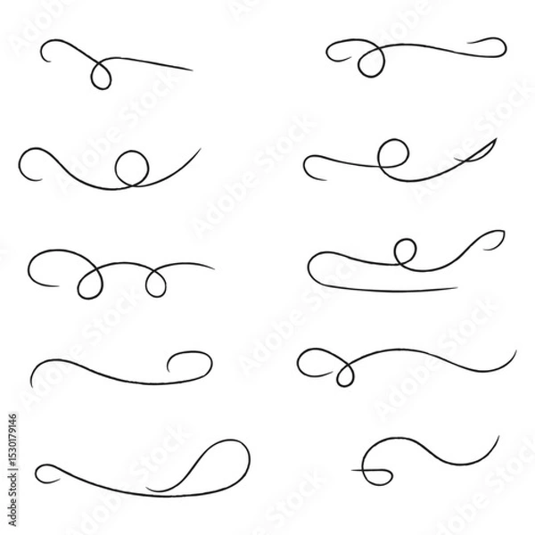 Obraz and drawn collection of curly swishes, swashes and swoops. Brush drawn thick curved smears. Highlight text elements isolated on transparent background. Underline typography tail shapes