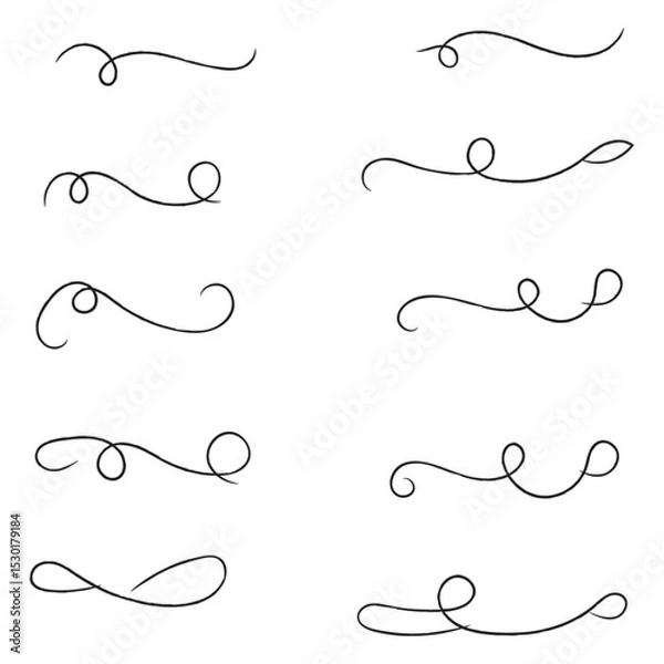 Fototapeta and drawn collection of curly swishes, swashes and swoops. Brush drawn thick curved smears. Highlight text elements isolated on transparent background. Underline typography tail shapes