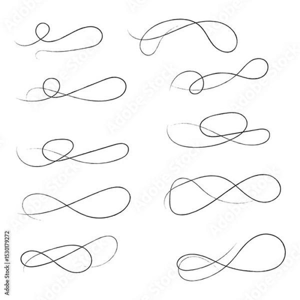 Obraz and drawn collection of curly swishes, swashes and swoops. Brush drawn thick curved smears. Highlight text elements isolated on transparent background. Underline typography tail shapes