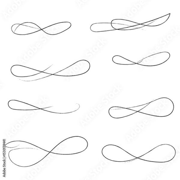 Obraz and drawn collection of curly swishes, swashes and swoops. Brush drawn thick curved smears. Highlight text elements isolated on transparent background. Underline typography tail shapes