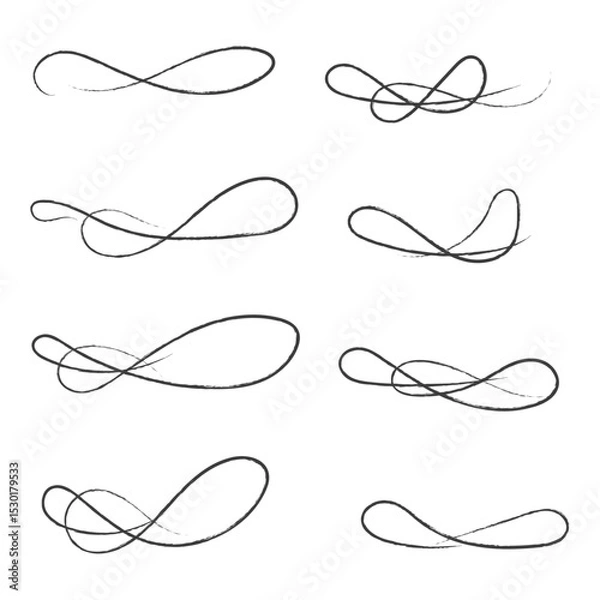Obraz and drawn collection of curly swishes, swashes and swoops. Brush drawn thick curved smears. Highlight text elements isolated on transparent background. Underline typography tail shapes