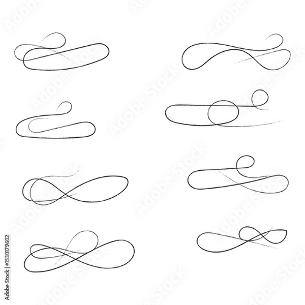 Obraz and drawn collection of curly swishes, swashes and swoops. Brush drawn thick curved smears. Highlight text elements isolated on transparent background. Underline typography tail shapes