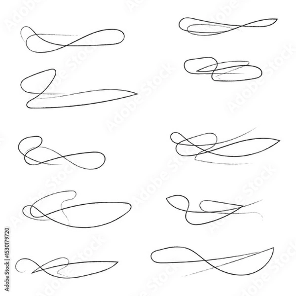 Obraz Hand drawn of curly swishes Set, swashes and swoops. Vector thin underline text tails. Hand drawn calligraphy pen curved lines and curls. Calligraphy swirl. Underline typography tail shapes