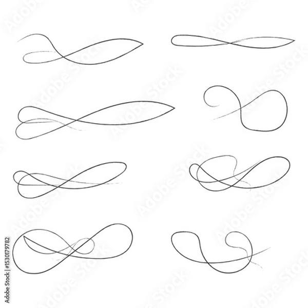 Obraz and drawn collection of curly swishes, swashes and swoops. Brush drawn thick curved smears. Highlight text elements isolated on transparent background. Underline typography tail shapes