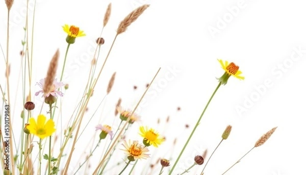 Obraz Intricate detail of wildflowers and grasses against pure white backdrop,  blossom,  field