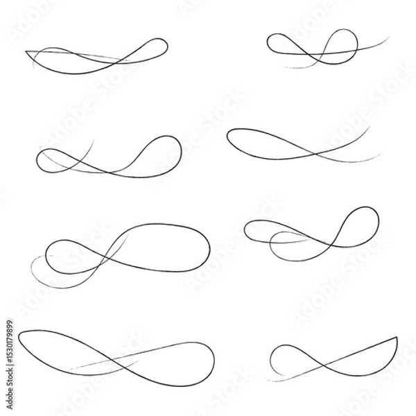 Obraz Hand drawn of curly swishes Set, swashes and swoops. Vector thin underline text tails. Hand drawn calligraphy pen curved lines and curls. Calligraphy swirl. Underline typography tail shapes