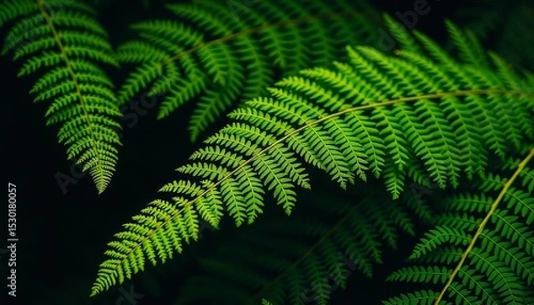 Obraz Intricate green fern fronds, lush texture, dark backdrop,  dark,  rainforest
