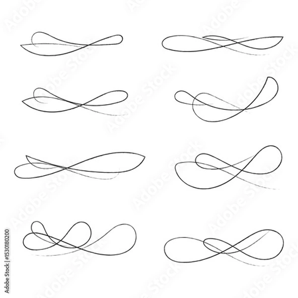 Obraz Hand drawn of curly swishes Set, swashes and swoops. Vector thin underline text tails. Hand drawn calligraphy pen curved lines and curls. Calligraphy swirl. Underline typography tail shapes