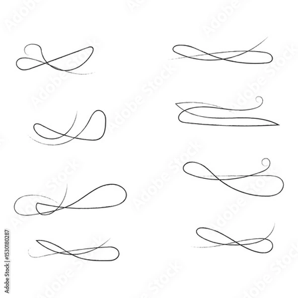 Obraz Hand drawn of curly swishes Set, swashes and swoops. Vector thin underline text tails. Hand drawn calligraphy pen curved lines and curls. Calligraphy swirl. Underline typography tail shapes