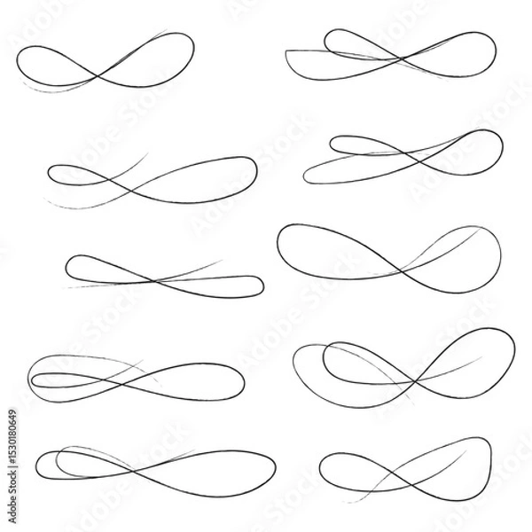 Fototapeta Hand drawn of curly swishes Set, swashes and swoops. Vector thin underline text tails. Hand drawn calligraphy pen curved lines and curls. Calligraphy swirl. Underline typography tail shapes