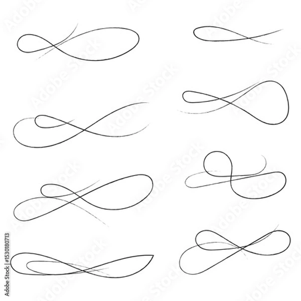 Fototapeta Hand drawn of curly swishes Set, swashes and swoops. Vector thin underline text tails. Hand drawn calligraphy pen curved lines and curls. Calligraphy swirl. Underline typography tail shapes
