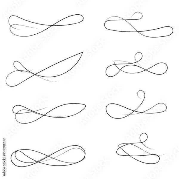 Obraz Hand drawn of curly swishes Set, swashes and swoops. Vector thin underline text tails. Hand drawn calligraphy pen curved lines and curls. Calligraphy swirl. Underline typography tail shapes
