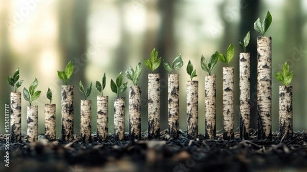 Obraz A graph made of tree trunks growing upwards, symbolizing the integration of sustainability 