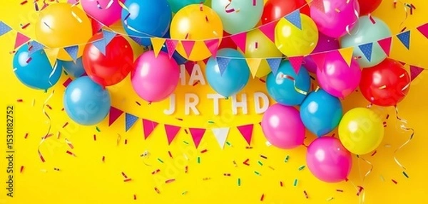 Obraz Vibrant colorful balloons, confetti, and pennants against a bright background celebrating a birthday,  backdrop,   texture