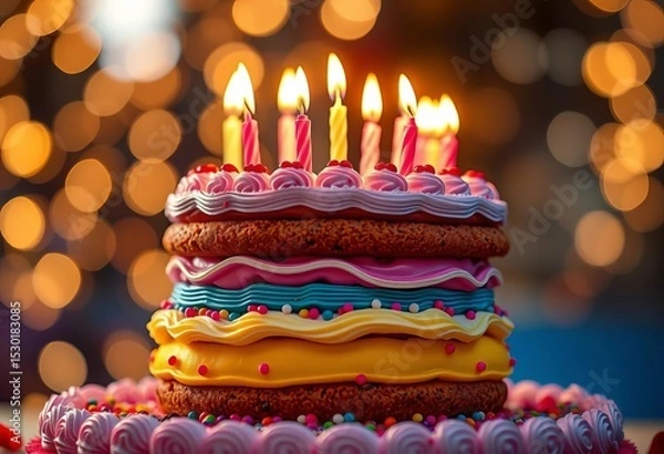 Obraz Vibrant multi-layered cake, lit candles, sparkling bokeh, birthday cake,  frosting