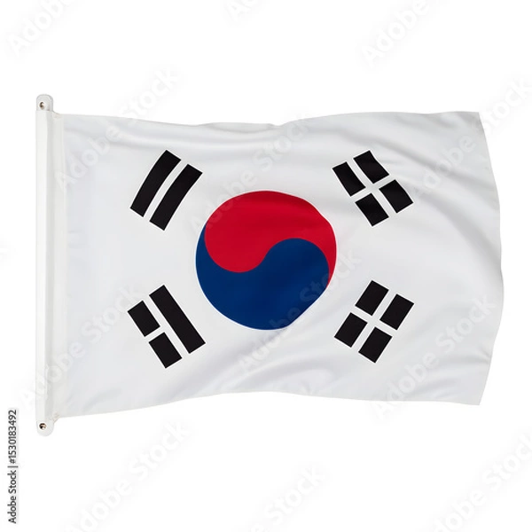 Fototapeta South Korea flag Taegukgi, red blue circle, black trigrams, no pole, isolated on white background, Asian photography